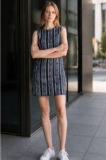 Monochrome Geometric Sleeveless Sheath Dress - Image 2