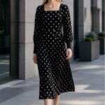 Monochrome Polka Dot Square Neck Midi Dress