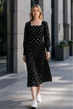 Monochrome Polka Dot Square Neck Midi Dress