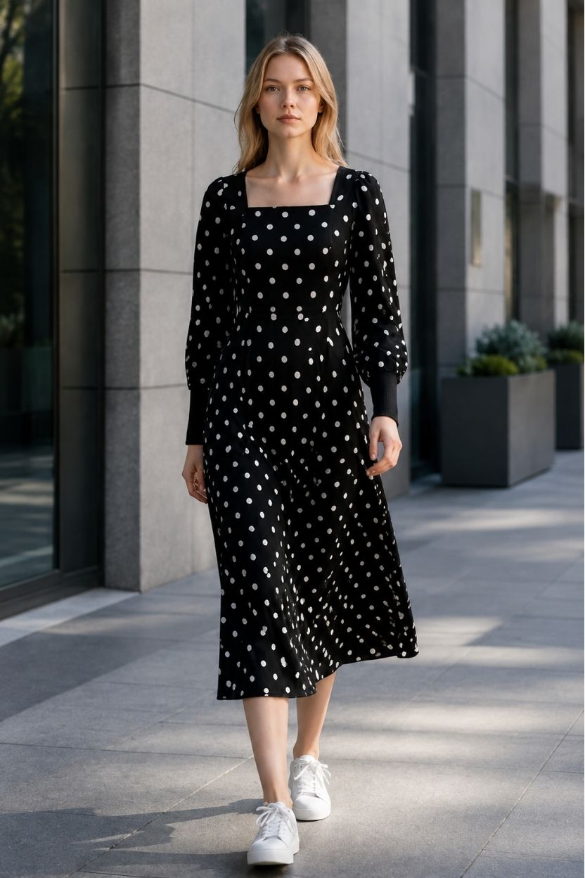 34 Monochrome Polka Dot Square Neck Midi Dress - Image 1