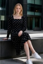 Monochrome Polka Dot Square Neck Midi Dress - Image 2
