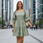 Sage Green Tiered Puff Sleeve Mini Dress