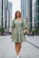 Sage Green Tiered Puff Sleeve Mini Dress